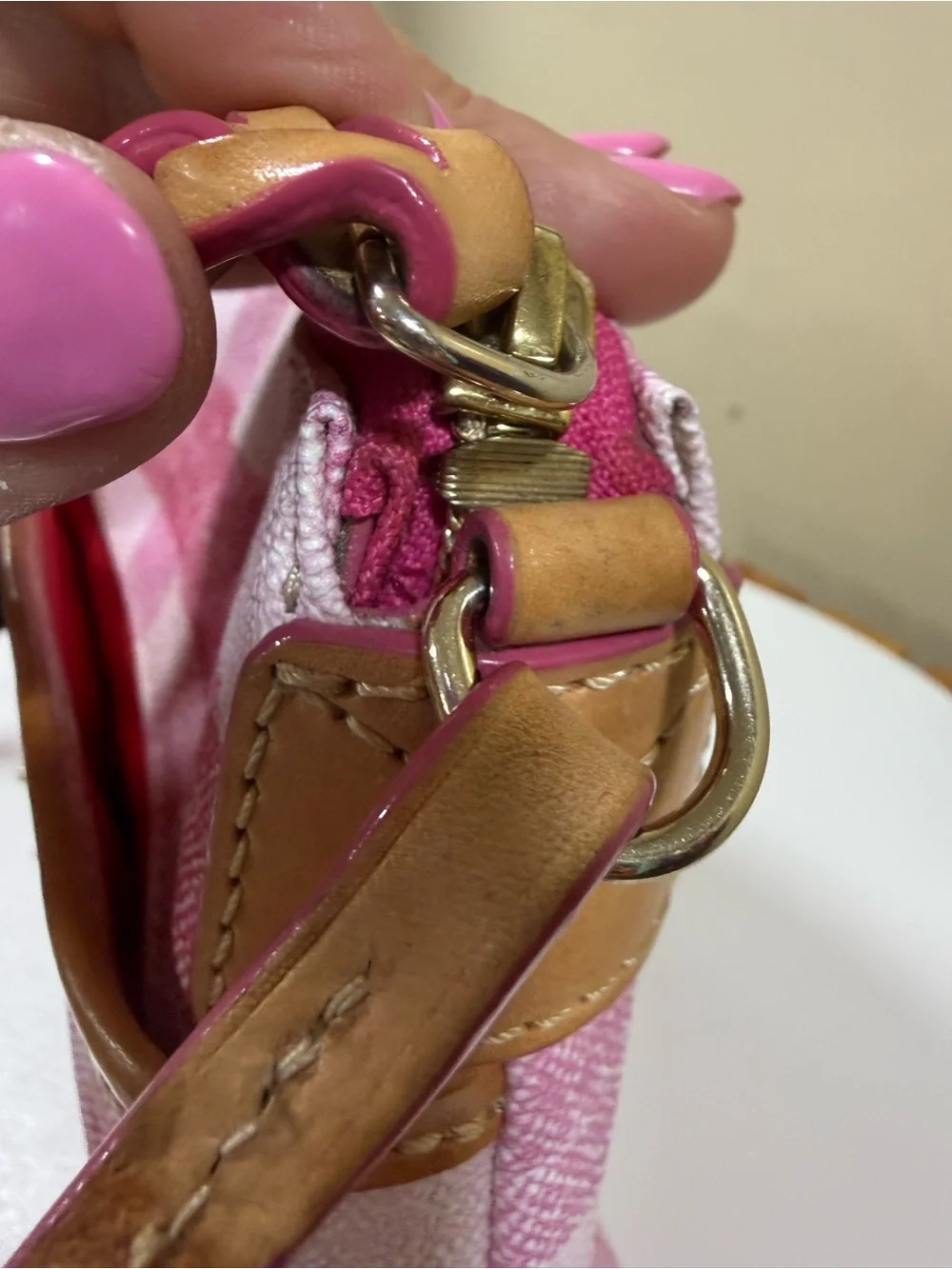 Dooney & Bourke Pink and White Gingham Crossbody with Tan Trim